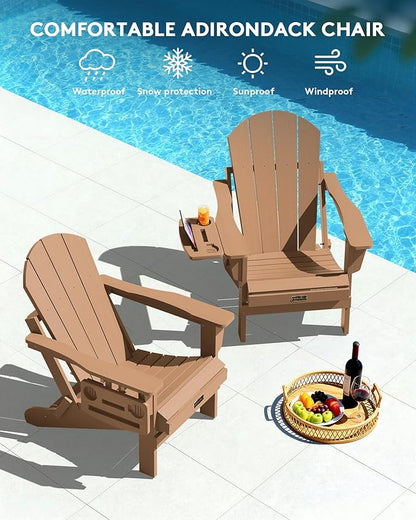 SERWALL Folding Adirondack Chair Set of 4, Outdoor Adirondack Chairs with 4 in 1 Cup Holder, Wood Texture Patio Chairs, Weather Resistant Fire Pit Chairs for Patio Deck Garden, Backyard Deck - Brown