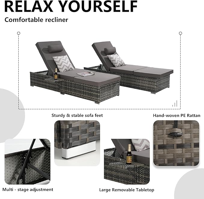 Outdoor Chaise Lounge Chair Set of 2 Wicker Pool Lounge Chairs Tanning Lounges for Outside Lawn Sunbathing Chairs with - Photo 4