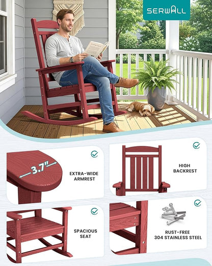 SERWALL Patio Rocking Chairs Set of 4, HDPE Outdoor Rockers for Adults, Oversized All-Weather Porch Rocking Chairs, Red