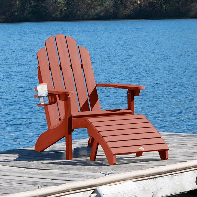 Highwood AD-KITCLAS4-RED Classic Wesport Adirondack Chair with Ottoman and Cup Holder, Rustic Red