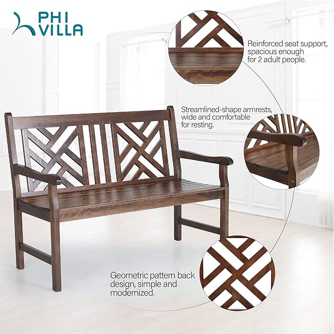 PHI VILLA Outdoor Garden Wooden Bench, 4 Ft Acacia Wood Bench with Curved Backrest and Armrest - Photo 3