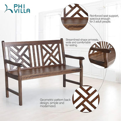 PHI VILLA Outdoor Garden Wooden Bench, 4 Ft Acacia Wood Bench with Curved Backrest and Armrest, 2 Seat All Weather Bench for Patio, Lawn, Balcony, Yard, Porch - Brown