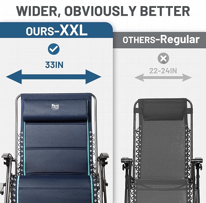Timber Ridge Oversized Zero Gravity Chair, 33In Wide XXL Zero Gravity Reclining Chair with Side Table, Full Padded Lounge Chair for Outdoor Camping Patio Lawn, Heavy Duty Supports 500lbs, Blue-2 Pack
