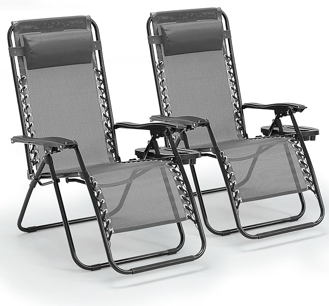 Zero Gravity Chair Set of 2, Folding Reclining zero gravity recliner lounge Chair 330lbs with Pillow and Cup Holder - Photo 8