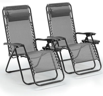 Zero Gravity Chair Set of 2, Folding Reclining zero gravity recliner lounge Chair 330lbs with Pillow and Cup Holder Trays, Steel Mesh outdoor recliners for patio Poolside Backyard Beach (Ice Gray)