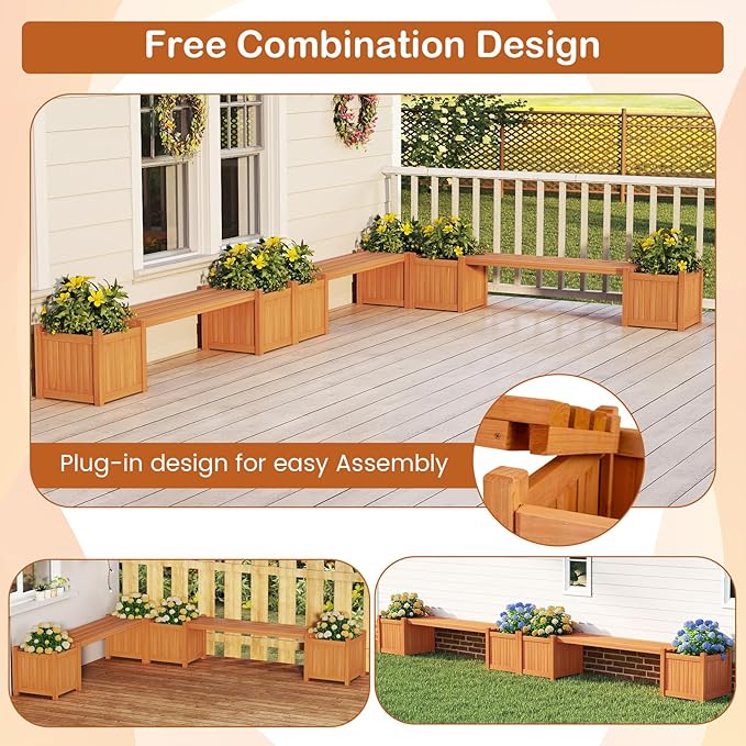 S AFSTAR Outdoor Planter Bench, Wooden Planter Box with Bench, Raised Plant Container Garden Boxes for Outdoor, Patio, Yard, Deck & Balcony