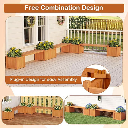 S AFSTAR Outdoor Planter Bench, Wooden Planter Box with Bench, Raised Plant Container Garden Boxes for Outdoor, Patio, Yard, Deck & Balcony