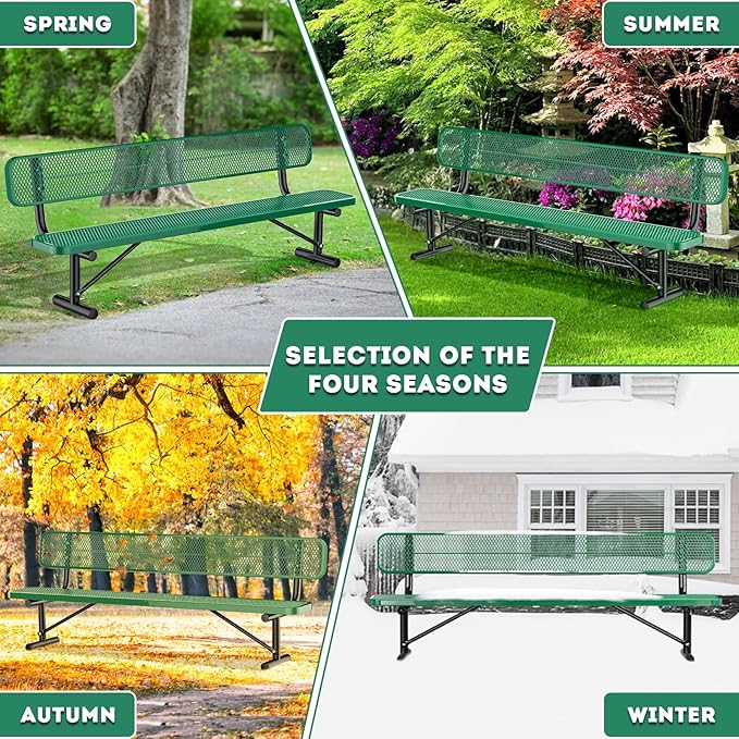 8FT/96INCH Heavy Duty Metal Park Bench for Outside, Outdoor Garden Benches with Backrest & Portable Frame, Expanded Metal Mesh Bench for Shopping Malls, Lawn, Park, Deck, Patio, Porch, Green