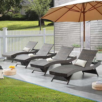 79'' Long Reclining Chair Set of 4, Chaise Lounge Wicker Reclining Lounge Chair, PE Rattan Chaise Lawn Sunbathing Chairs Beach Poolside Garden Backyard Backrest Recliners, Mixed Brown