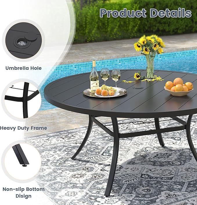 VICLLAX 50" Outdoor Round Patio Dining Table for 4-6, All Weather Metal Dining Table with Umbrella Hole for Deck Lawn Garden Backyard, Black