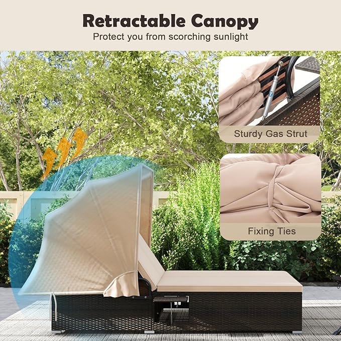 RELAX4LIFE Outdoor Daybed with Retractable Canopy - Wicker Double Chaise Lounge w/6-Position Backrest - Photo 5