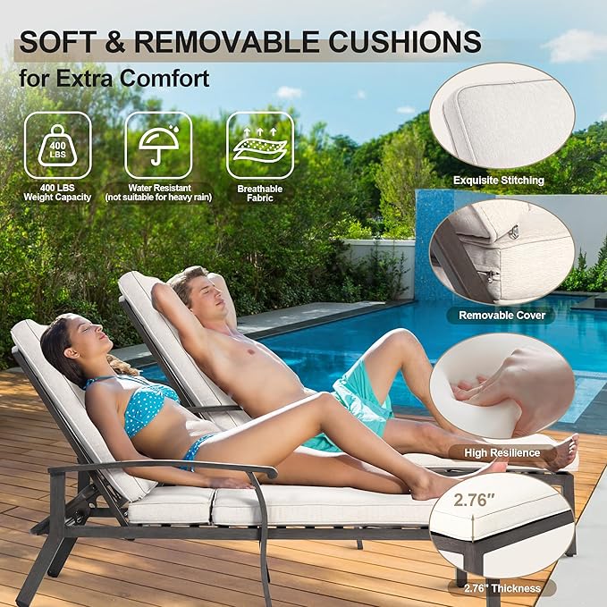 Chaise Lounge Chair Outdoor with Wheels, Cast Aluminum Tanning Chair with Beige Cushion - Photo 4