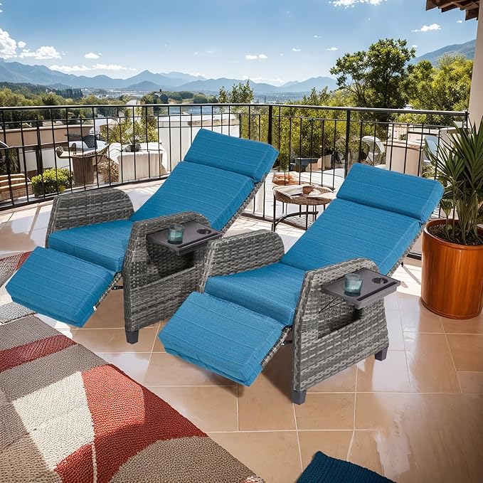 Outdoor Recliner Chair, 180° Reclining Patio Chairs with Adjustable Backrest & Extended Footrest, Rattan Reclining Lounge Chair, Wicker Balcony Recliner, Blue, 2PCS