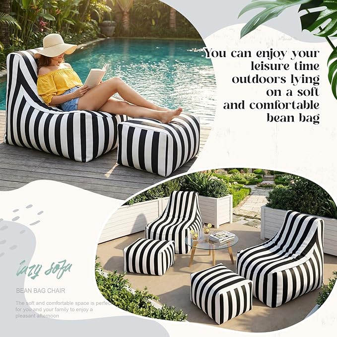 Outdoor Bean Bag Chair with Ottoman, Large Patio Lounge Chair for Adults, Thick Filled Lounger for Pool, Deck - Photo 6