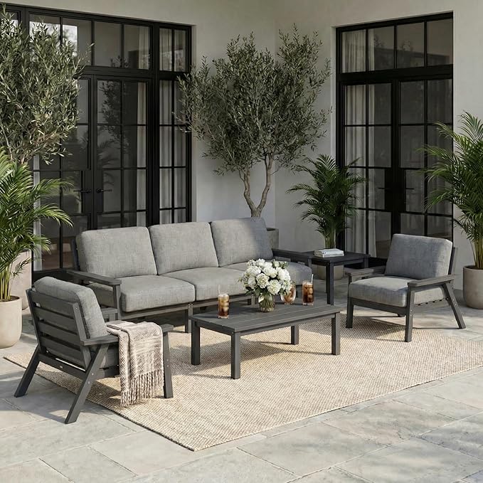 HDPE 5 Piece Patio Furniture Set, Outdoor Couch with Washable Thick Gray Cushions & Coffee Table & Side Table, Outdoor Sectional Furniture for Backyard, Deck, Lawn, Porch (Gray Frame)