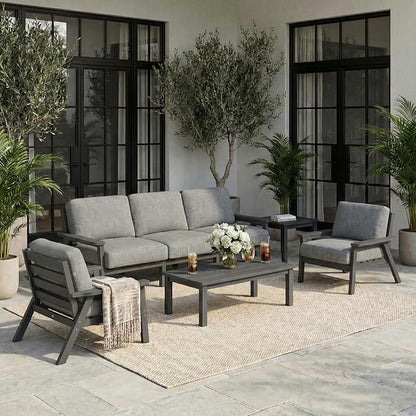 HDPE 5 Piece Patio Furniture Set, Outdoor Couch with Washable Thick Gray Cushions & Coffee Table & Side Table, Outdoor Sectional Furniture for Backyard, Deck, Lawn, Porch (Gray Frame)