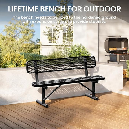 6 Feet Heavy Duty Metal Park Bench for Outside, Outdoor Bench with Backrest & Portable Frame, Commercial Benches for Shopping Malls, Stores, Parks, Patios, Decks, Black