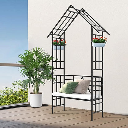 Convertible Metal Garden Bench & Trellis 58" W, Outdoor Seating with Plant Stand, Steel Arbor for Roses, Ivy, Jasmine