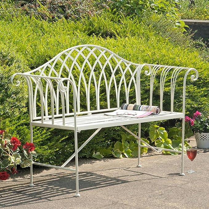 51" Outdoor Patio Bench, Garden Metal Bench with Backrest & Armrests, Durable Iron Art Park Seating for Garden, Yard & Balcony (Green)