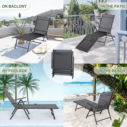 Esright Outdoor Chaise Lounge Set of 2, Adjustable Reclining Folding Pool Lounger for Poolside, Outside/370lb Weight Capacity, Grey