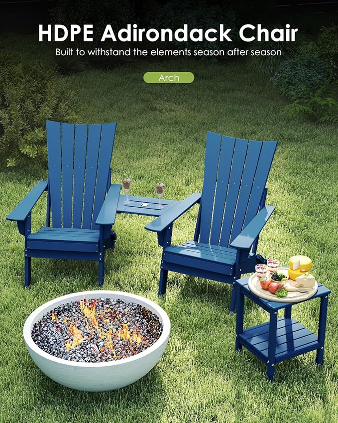 GREENVINES Folding-Adirondack-Chairs-Set-of-2 | HDPE Plastic | Arch Series | Fire Pit Chair | with Connecting Tray | Removable Table | All Weather | for Outdoor Patio Deck Poolside | Blue