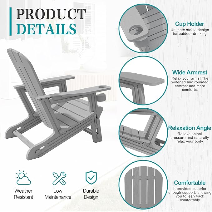 JY QAQA Outdoor Adirondack Chair Set of 2, All-Weather HDPE Patio Furniture with Detachable Table, Wood Texture & Cup Holder for Patio, Poolside, Garden, Light Grey