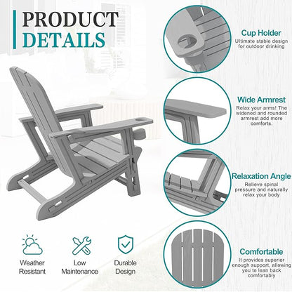 JY QAQA Outdoor Adirondack Chair Set of 2, All-Weather HDPE Patio Furniture with Detachable Table, Wood Texture & Cup Holder for Patio, Poolside, Garden, Light Grey