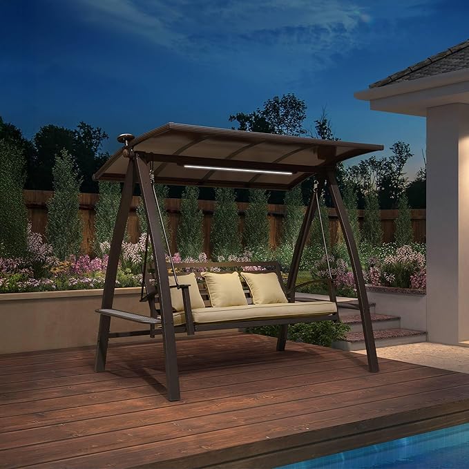 PURPLE LEAF 3-Seat Porch Swing with Adjustable PVC Canopy Metal Patio Bench Glider Swing Bed Outdoor Swing Chair with - Photo 2