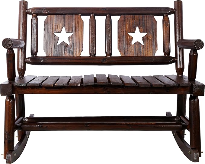 Outdoor Wood Rocking Bench for 2 Persons - Double Rocking Chair with Wide Curved Seat, Heavy Duty Solid Wood Porch Rocker for Garden, Backyard