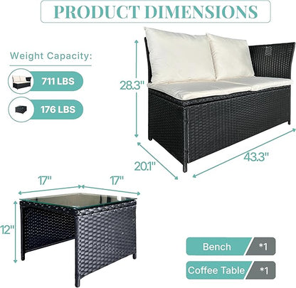 GIANGSUNNY 3 Patio Furniture Set with Storage, Outdoor Sectional Wicker Rattan Conversation Set with Loveseat & Glass Coffee Table, All-Weather Patio Seating (Black, 3Pcs)