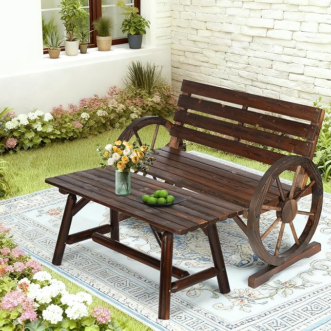 2-Piece Wooden Wagon Wheel Bench Set with Coffee Table, 2-Person Rustic Wood Garden Bench W/Wagon Wheel Armrests & Slatted Backrest, Outdoor Patio Loveseat Furniture Set for Lawn Yard Park
