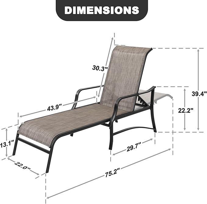 NUU GARDEN Textilene Metal Outdoor Lounge Chairs Set of 2, Adjustable 5-Position Recliner, All-Weather Patio Chaise for Pool, Backyard, Lawn, Beach, Sunbathing–Black Brown