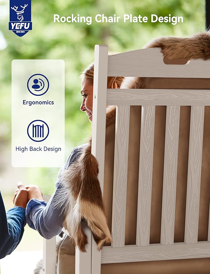YEFU Outdoor Rocking Chair Porch: Outdoor Patio Rocking Chairs-Oversized Rocker Chair-All Weather Poly Rocker Lawn Chairs for Adult-Seat Area 22"x21"-Backrest Height 31"-380lbs Weight Capacity-White