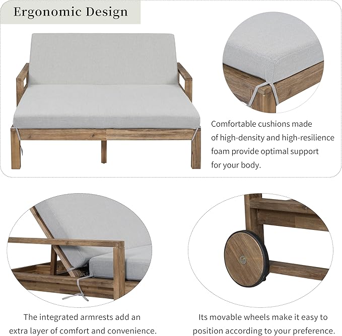 Merax Acacia Wood Outdoor Patio Daybed Sunbed with Movable Wheels, All Weather Chaise Lounges Reclining Chairs - Photo 4