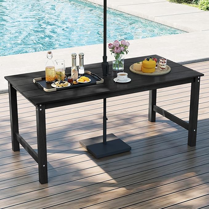 Tangkula HDPE Outdoor Dining Table for 6 Person, 67” Patio Table with Wood-Like Tabletop and Umbrella Hole - Photo 2