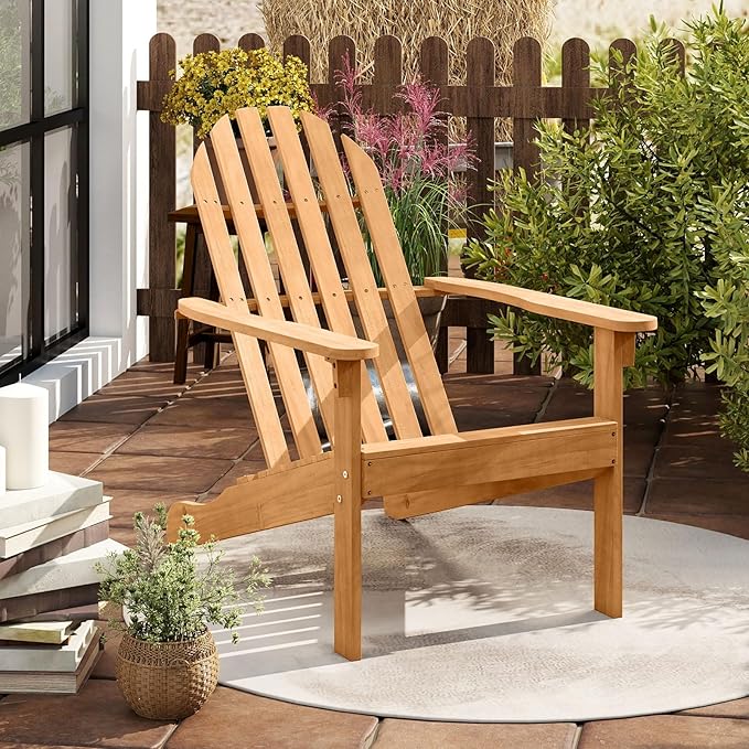 Giantex Adirondack Chair, Acacia Wood Fire Pit Chairs with Inclined Seat & High Backrest, Ergonomic Outdoor Slatted Patio Chair for Lawn, Porch, Backyard, Poolside