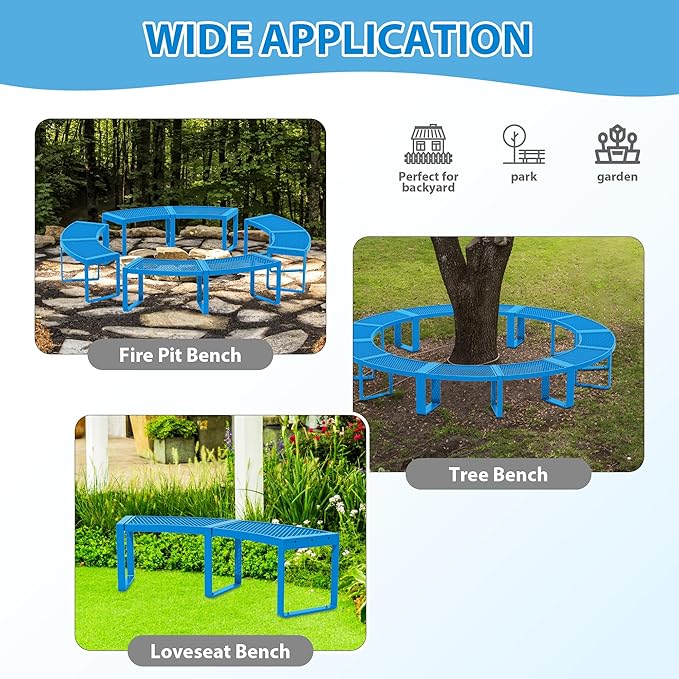 Outdoor Curved Bench, Heavy Duty Metal Park Bench for Outside, Backless Loveseat, Thermoplastic-Coated, Weatherproof Commercial-Grade 2-Person Seating for Park, Patio, Garden, Deck, Beach，Blue