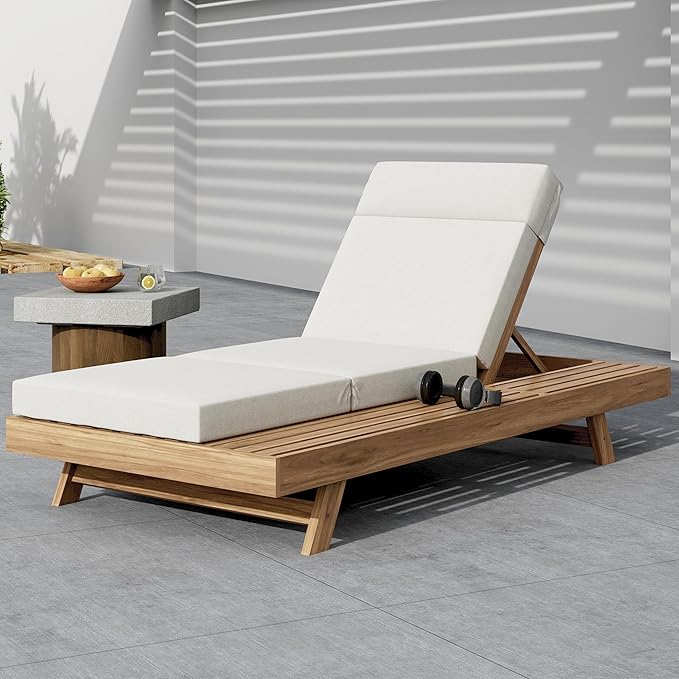 Christopher Knight Home Dami Chaise Lounge Chair Outdoor with 4'' Foldable Cushion, Acacia Wood Poolside Sun Lounger, Space Available On One Side, Adjustable Backrest Pool Lounger, Light Brown+Cream