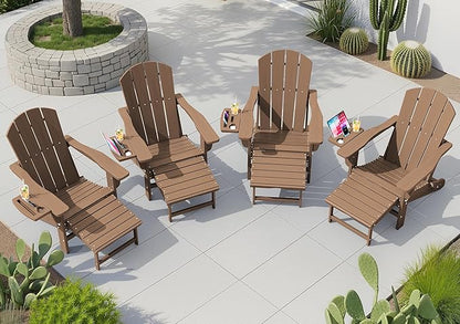 KINGYES Adjustable Folding Adirondack Chair with Footrest & 4-in-1 Multi-Functional Armrest Organizer Set of 4, HDPE Foldable Recliner Adirondack Chair with Pull-Out Ottoman, Brown