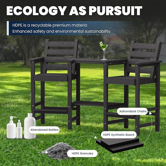 PLUUV Tall Adirondack Chairs Set of 2, All Weather HDPE Poly Bar Height Balcony Adirondack Chair with Removable Double Connecting Trays, Outdoor Adirondack Barstools for Deck, Patio, Yard, Pool, Lawn