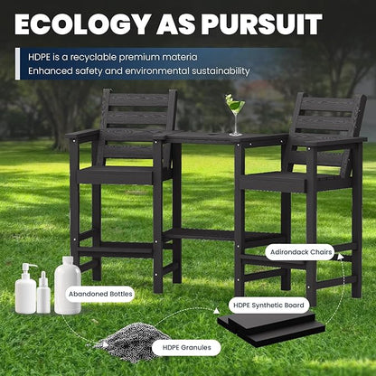 PLUUV Tall Adirondack Chairs Set of 2, All Weather HDPE Poly Bar Height Balcony Adirondack Chair with Removable Double Connecting Trays, Outdoor Adirondack Barstools for Deck, Patio, Yard, Pool, Lawn