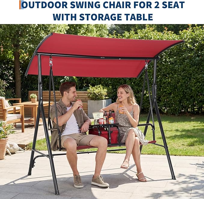 Porch Swing with Cup Holders & Pivot Storage Table & Cooler Bag with Adjustable Canopy for 2 Person Patio Swing for - Photo 4