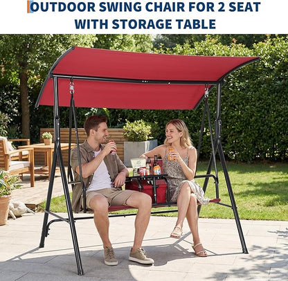 Porch Swing with Cup Holders & Pivot Storage Table & Cooler Bag with Adjustable Canopy for 2 Person Patio Swing for Backyard Balcony Poolside Red