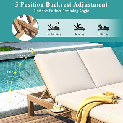 Merax Double Chaise Lounge Outdoor with 5-Position Adjustable Backrest, Outside Lounge Chair with 4" Cushion and Folding Side Trays for 2 People, Wood Patio Chaise Lounge for Pool Garden, Light Teak