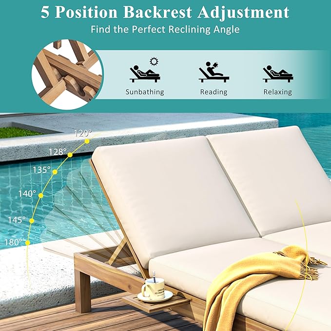 Outdoor Double Chaise Lounge with 5-Position Adjustable Backrest, Cushion and Folding Side Trays, Patio Double Lounge Chairs for Poolside Garden (Light Teak/D)