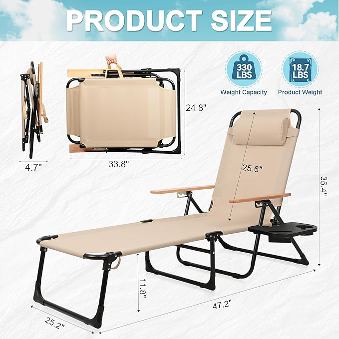 Outdoor Chaise Lounge Chair with 4-Position Adjustable Backrest, Patio Folding Sun Tanning Chair, Pillow & Cup Holder, Portable Recliner Sunbathing Lounger Chairs for Pool Beach Lawn Garden (Beige)