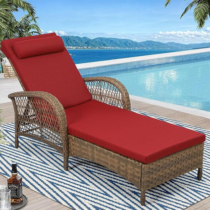 Outdoor Chaise Lounge Chair, PE Wicker Long Recliner Patio Lounge Chair with Cushion, 6-Position Patio Reclining Sun Lounger with Adjustable Backrest for Poolside, Armrest & Pillow, Red