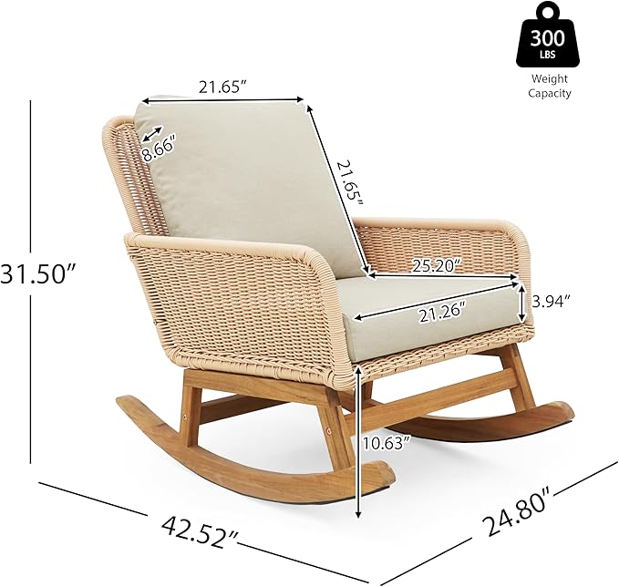 Outdoor Wooden Rocking Chair, Patio Rocking Chair with Soft Cushions & Wood Leg - Photo 2
