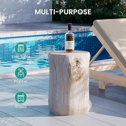 SUNBURY Outdoor Side Table Set of 2, Tree Stump Side Table Antique Beige Colored Faux Wood, End Table Wood Stump Stool, Ottoman or Plant Stand, Deck or Garden