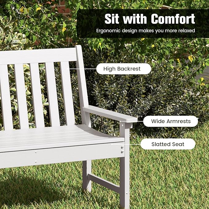 Tangkula HDPE Outdoor Garden Bench with Backrest, 2-Person All-Weather Patio Loveseat Chair with Slatted Seat, 705 lbs Weight Capacity, Patio Benches for Balcony, Garden, Porch, Backyard & Park, White